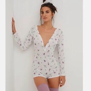 For Love And Lemons Floral Pointelle Romper Purple Pink Rose Sleepwear Lounge